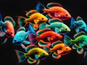 Glowing-colorful-fishes-black-background-neural-network-generated-art