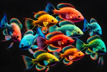 Glowing-colorful-fishes-black-background-neural-network-generated-art
